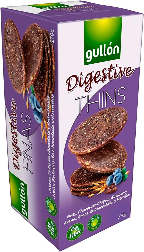 Gullon Digestive Thins With Oats, Chocolate Chips And Blueberry, High in Fibre 270GR