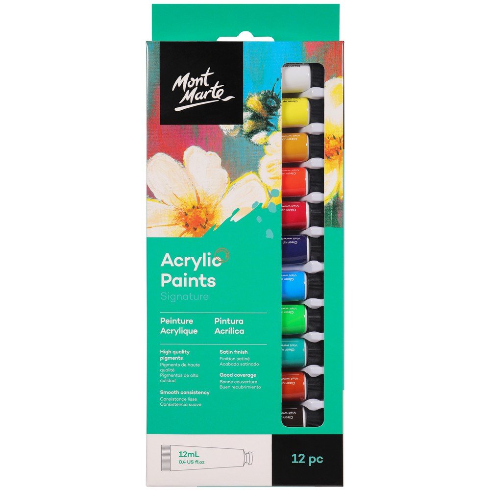 Mont Marte Acrylic Paint Set 12 Colors 12ml, Perfect for Canvas, Wood, Fabric