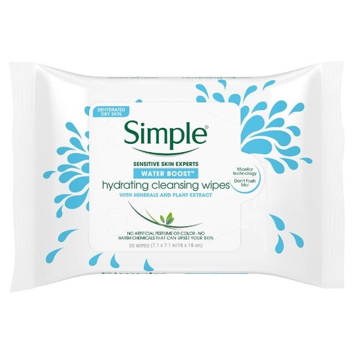 [087300000329] Simple Water Boost Hydrating Makeup Remover Wipes, 25 ct