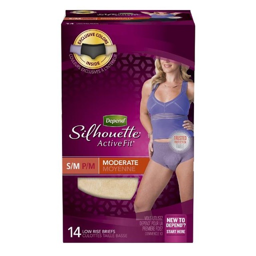 [036000471724] Depend Silhouette Active Fit Incontinence Underwear for Women, Moderate Absorbency, S/M, Beige/Black/Purple,14 Count