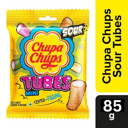 [8901393020557] Chupa Chups Sour Tubes, Assorted Fruits Flavour, Soft & Chewy Toffee Pouch, 85g
