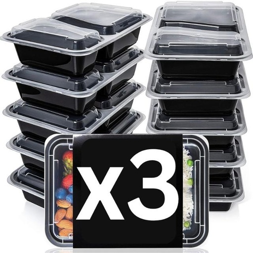 [plastic3] Plastic Meal Prep Containers [3 Pack] 2 Compartment with Airtight Lids