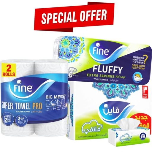 [fine1] Fine - Offer: 3 pack fluffy Facial Tissue 6000 Sheets, 2-Ply Kitchen Paper Towel of 2 Rolls with 2-Ply smart Toilet Paper 10 Rolls.