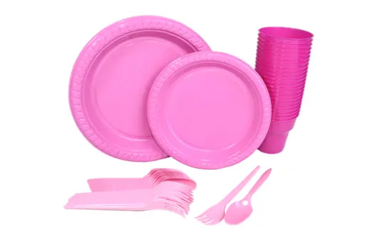 [6253012614046] RZ Party Set - Pink - 50 Pieces - 10 Cups 20 Plates 10 Forks 10 Spoons 