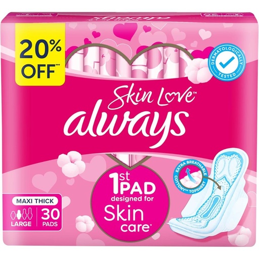 [8700216082792] Always Cotton Skin Love Sanitary Pads, 30 Large Thick Pads 